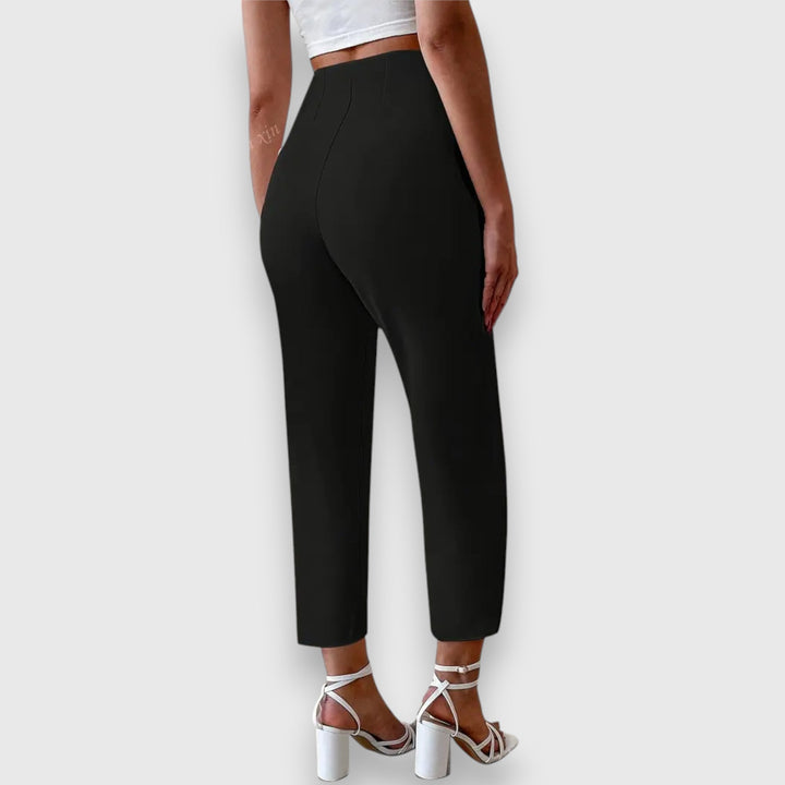 Effortless women's black or beige high-waisted straight leg work pants. Professional and comfortable.