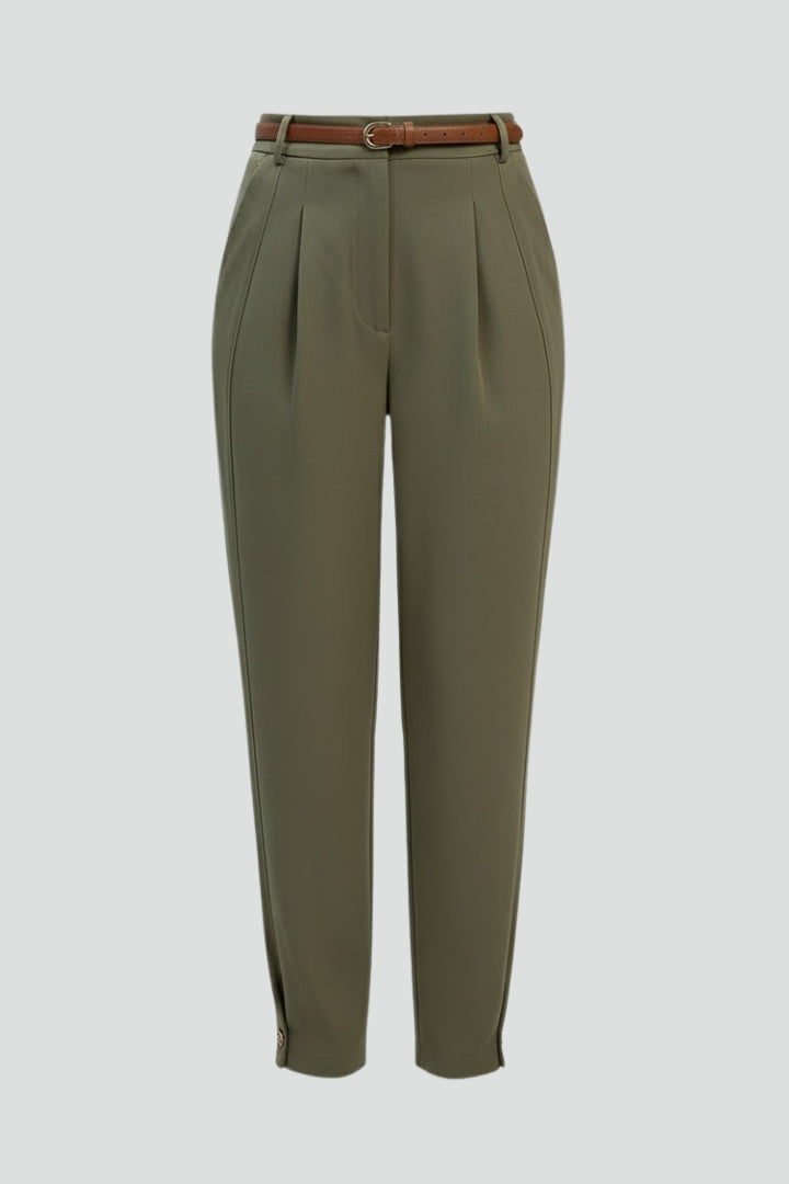 Women's high-waisted tapered trousers with belt. Chic structured dress pants for office wear or stylish casual fashion.