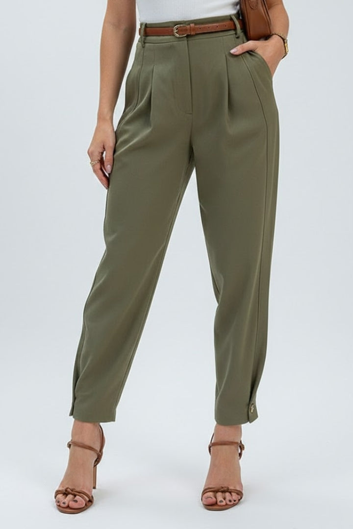 Elegant women's high-waisted belted tapered trousers. Structured fit, perfect for office, smart casual, or fashion looks.