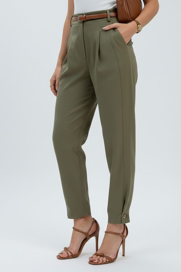 Modern women's high-waisted tapered dress pants, featuring a stylish belt. Perfect for professional or casual outfits.