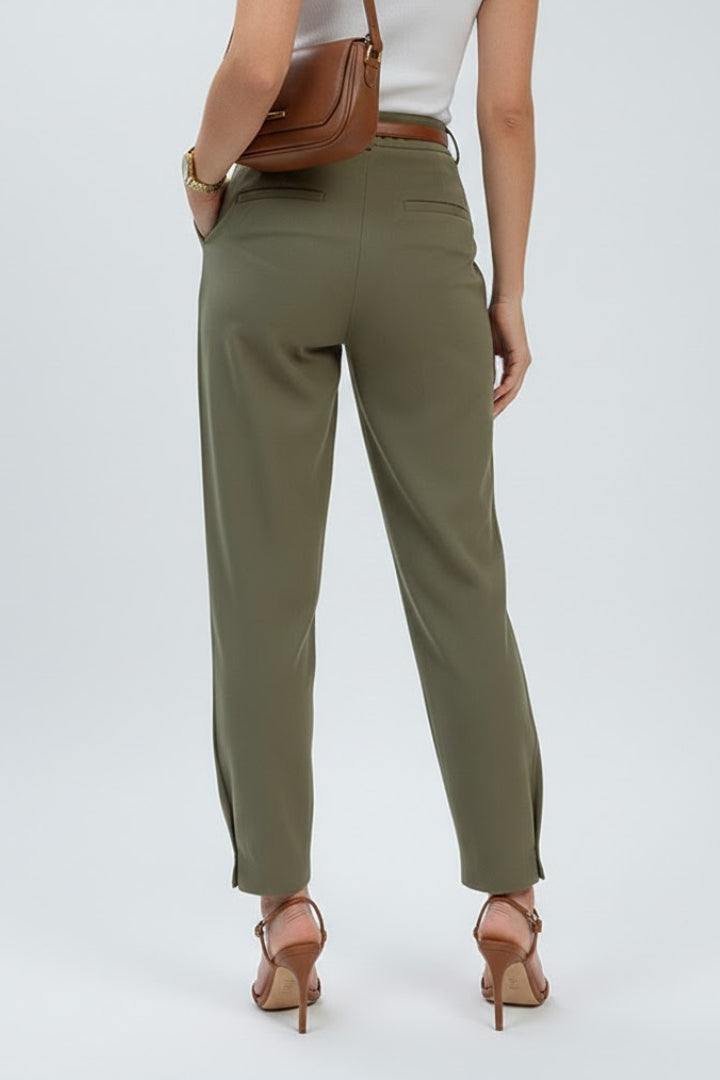 Versatile women's high-waisted belted tapered trousers. Structured and chic, great for office, events, or daily wear.