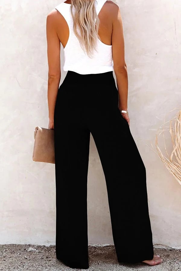 Stylish high-waisted women's pants with smocked waist, offering comfort & elegance for any occasion.