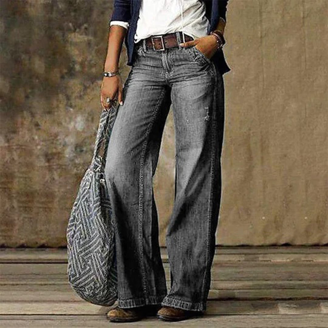 Comfortable ladies' high-waisted wide-leg jeans, offering a relaxed fit and trendy silhouette for all-day wear.