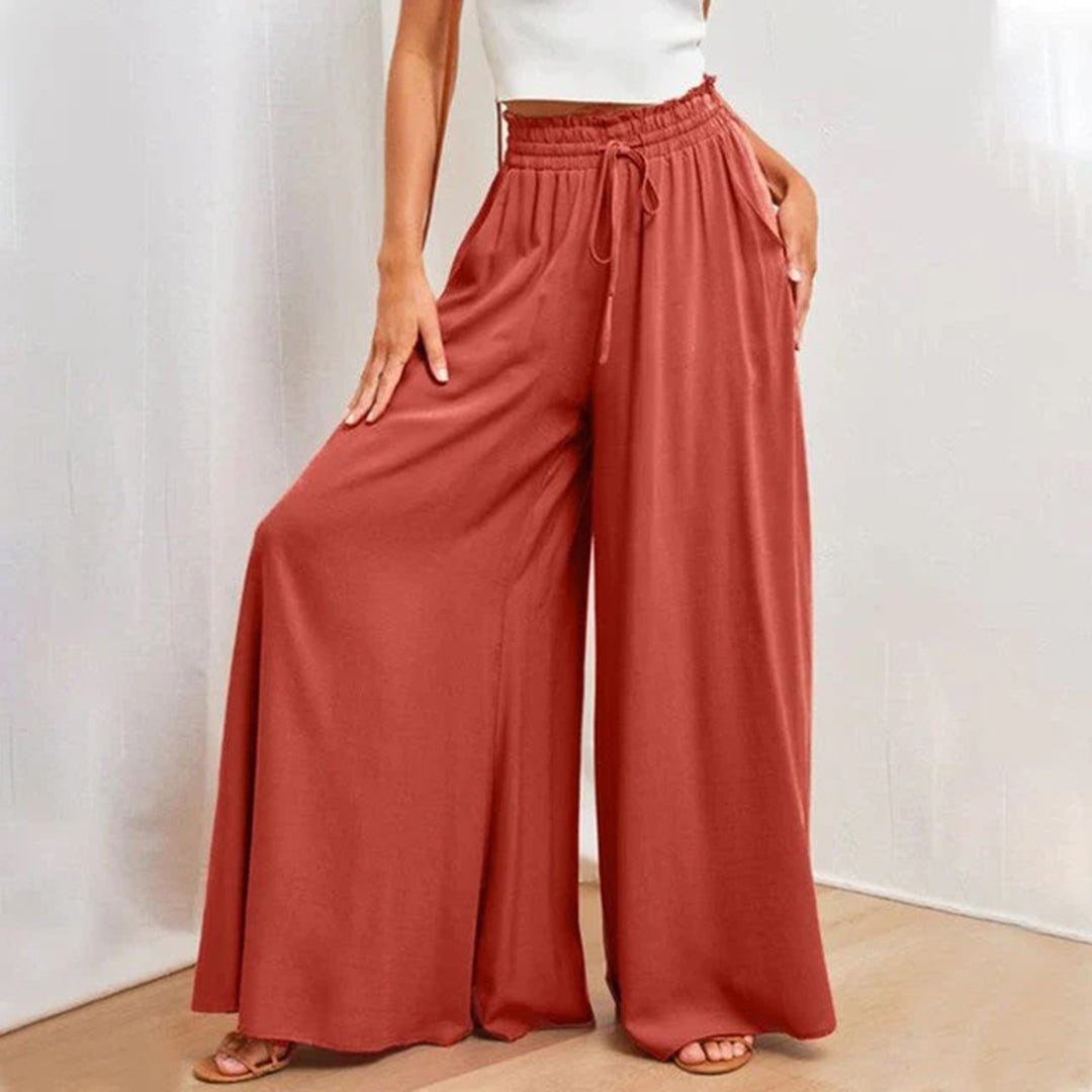 Comfortable high waisted palazzo pants for women, features a practical drawstring waist.