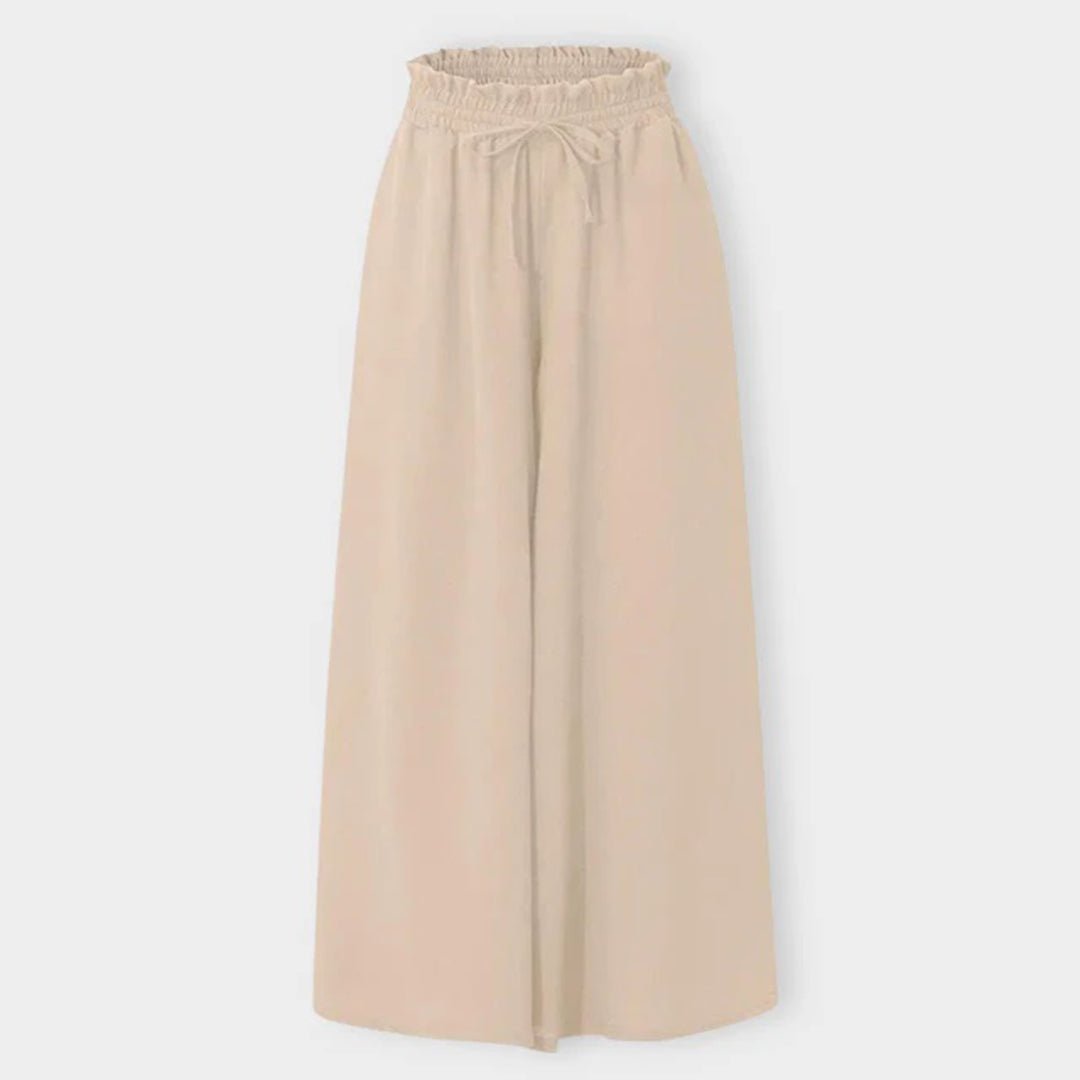 High waisted wide leg palazzo pants for women, offering a comfortable and flowy fit with drawstring waist.