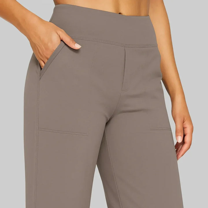 Flowy high-waisted wide-leg pants for women, ideal for both casual and smart casual outfits.