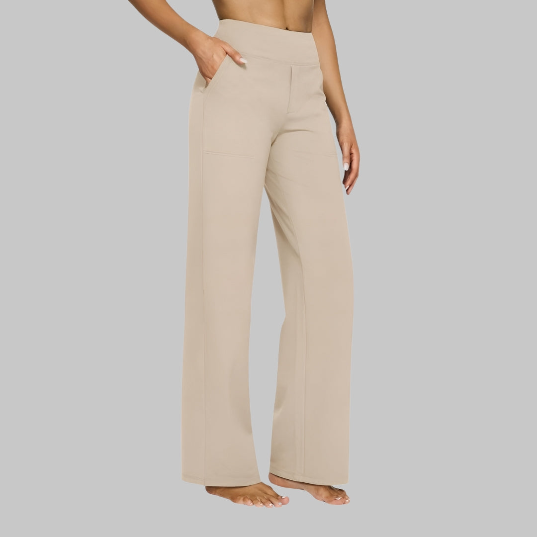 Stylish women's wide-leg pants, full length and high-waisted, offering a chic silhouette.