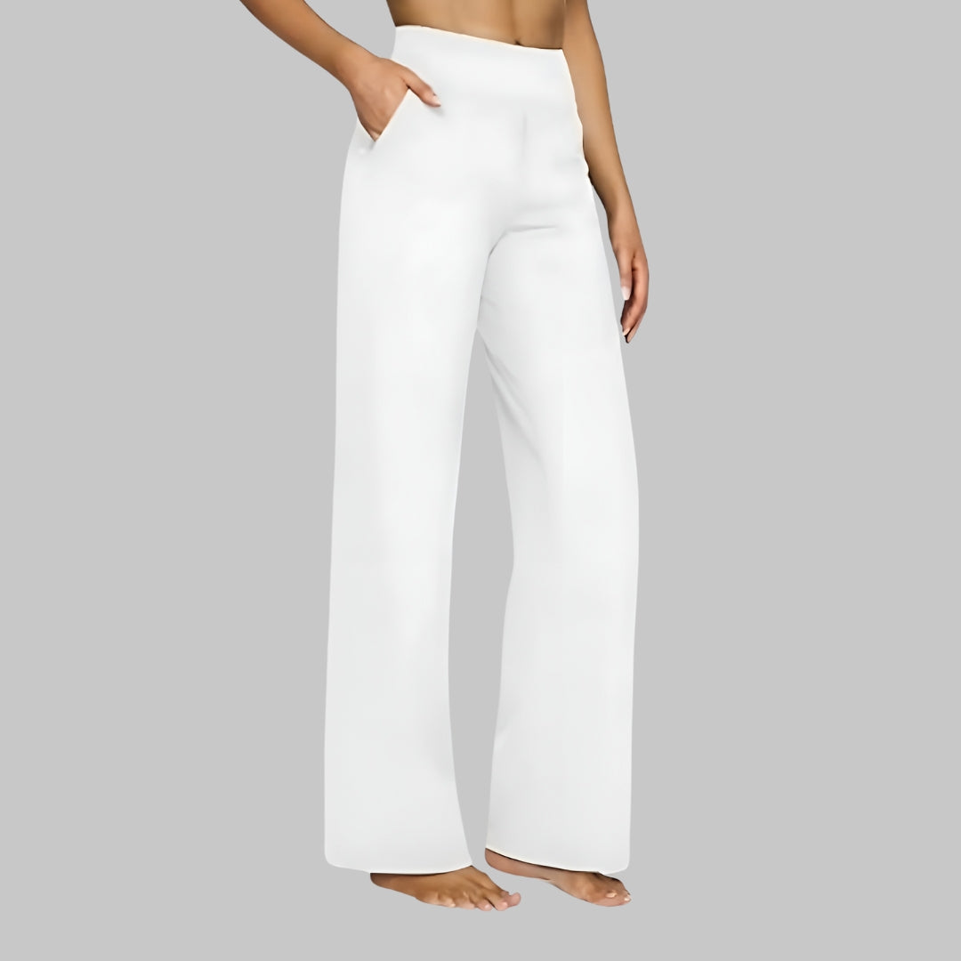 Comfortable women's high-waisted wide-leg pants with a flowing, relaxed fit.