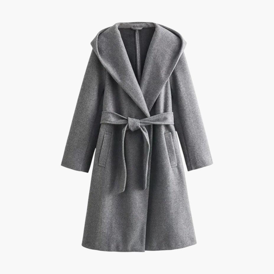 Women's hooded belted trench coat in a chic style, perfect for weather-ready fall and spring outerwear.