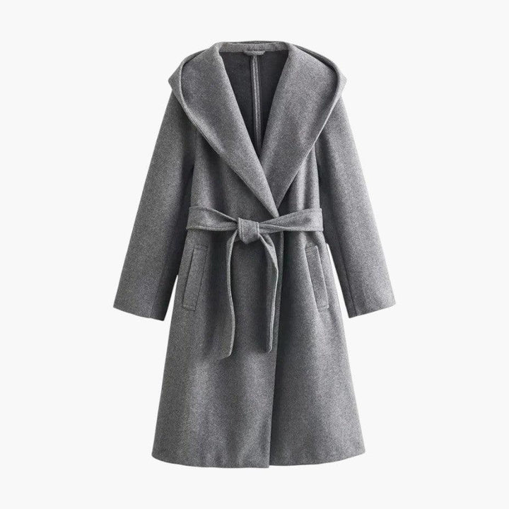 Women's hooded belted trench coat in a chic style, perfect for weather-ready fall and spring outerwear.