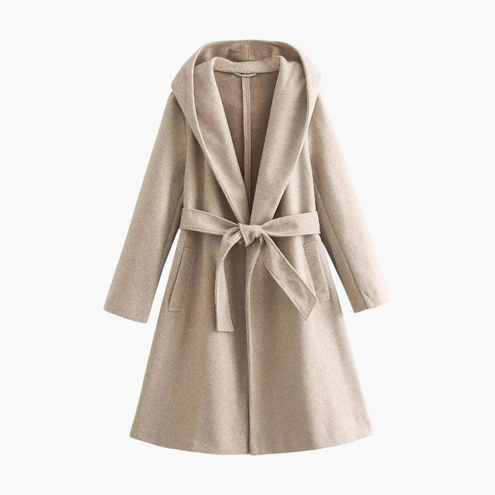 Back view of a women's hooded belted trench coat, showcasing its elegant and weather-ready design.