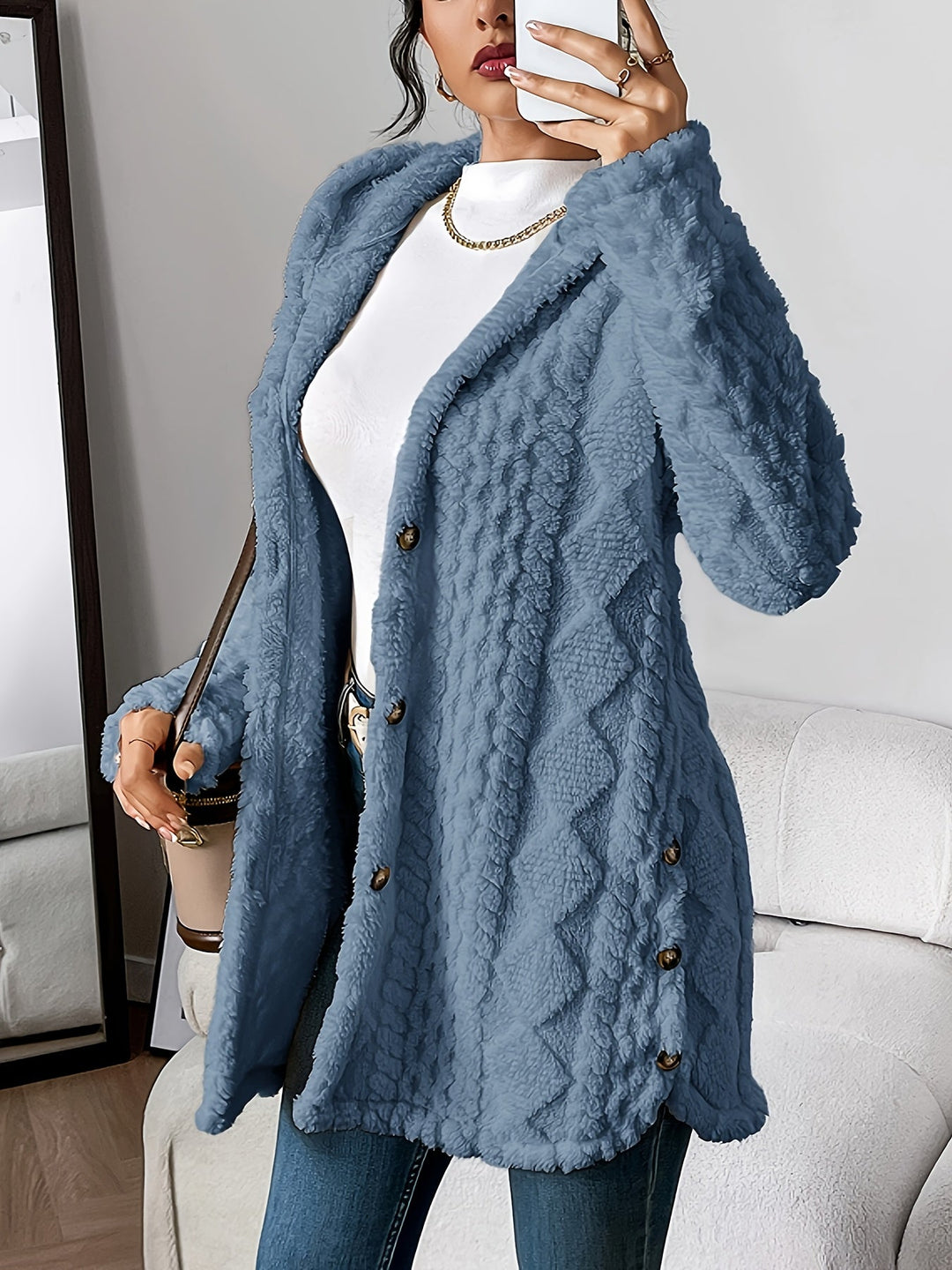 Textured women's hooded long coat. Stylish button-front outerwear, perfect for fall fashion & winter.
