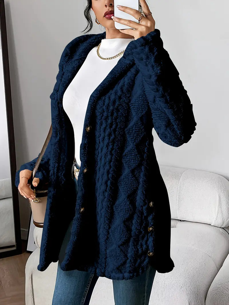 Women's hooded long coat with classic button-front. Versatile and elegant outerwear for fall & winter fashion.