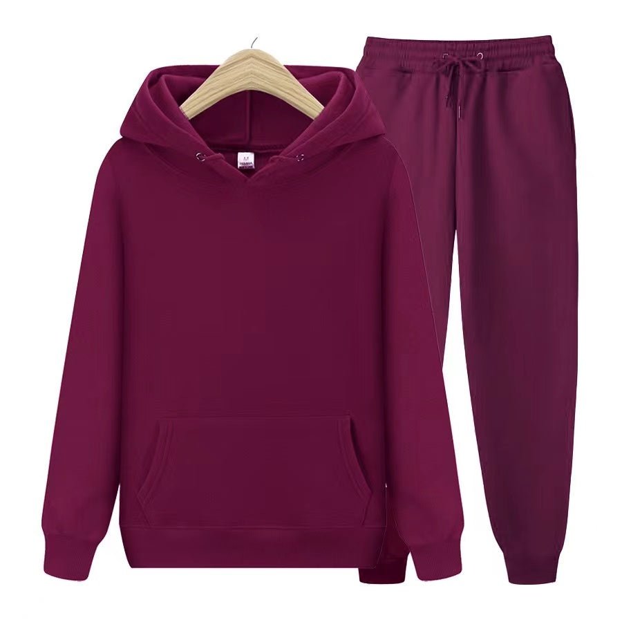 Complete women's casual outfit: a comfy hooded sweatshirt paired with matching jogger pants.