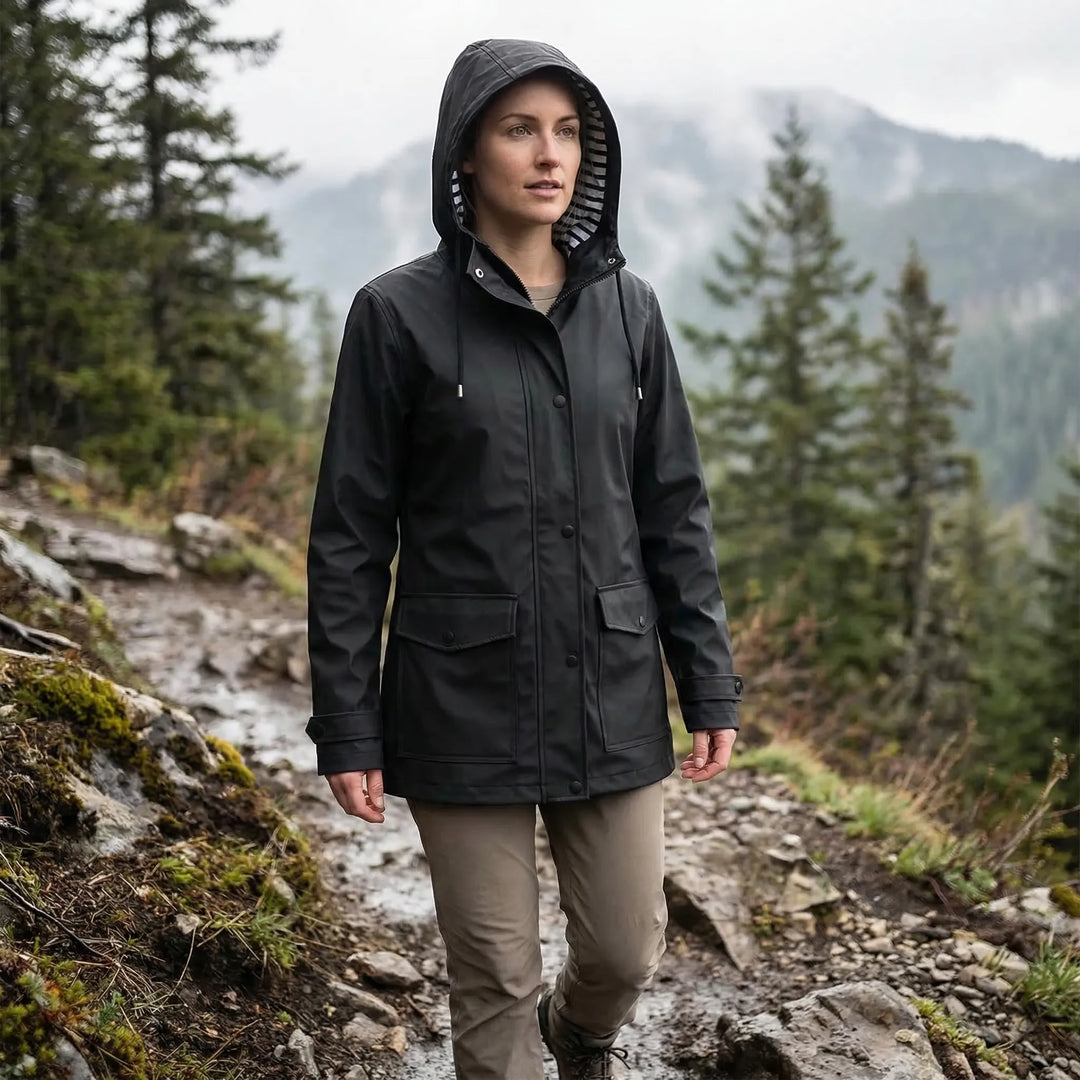 Women's hooded waterproof outdoor jacket in blue, perfect for all-weather hiking & travel adventures.