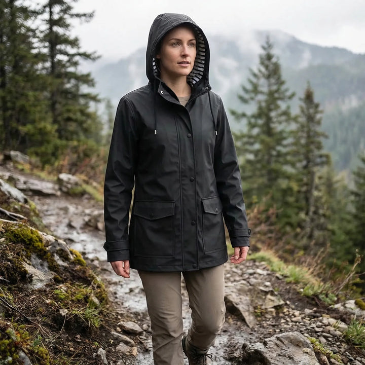 Women's hooded waterproof outdoor jacket in blue, perfect for all-weather hiking & travel adventures.