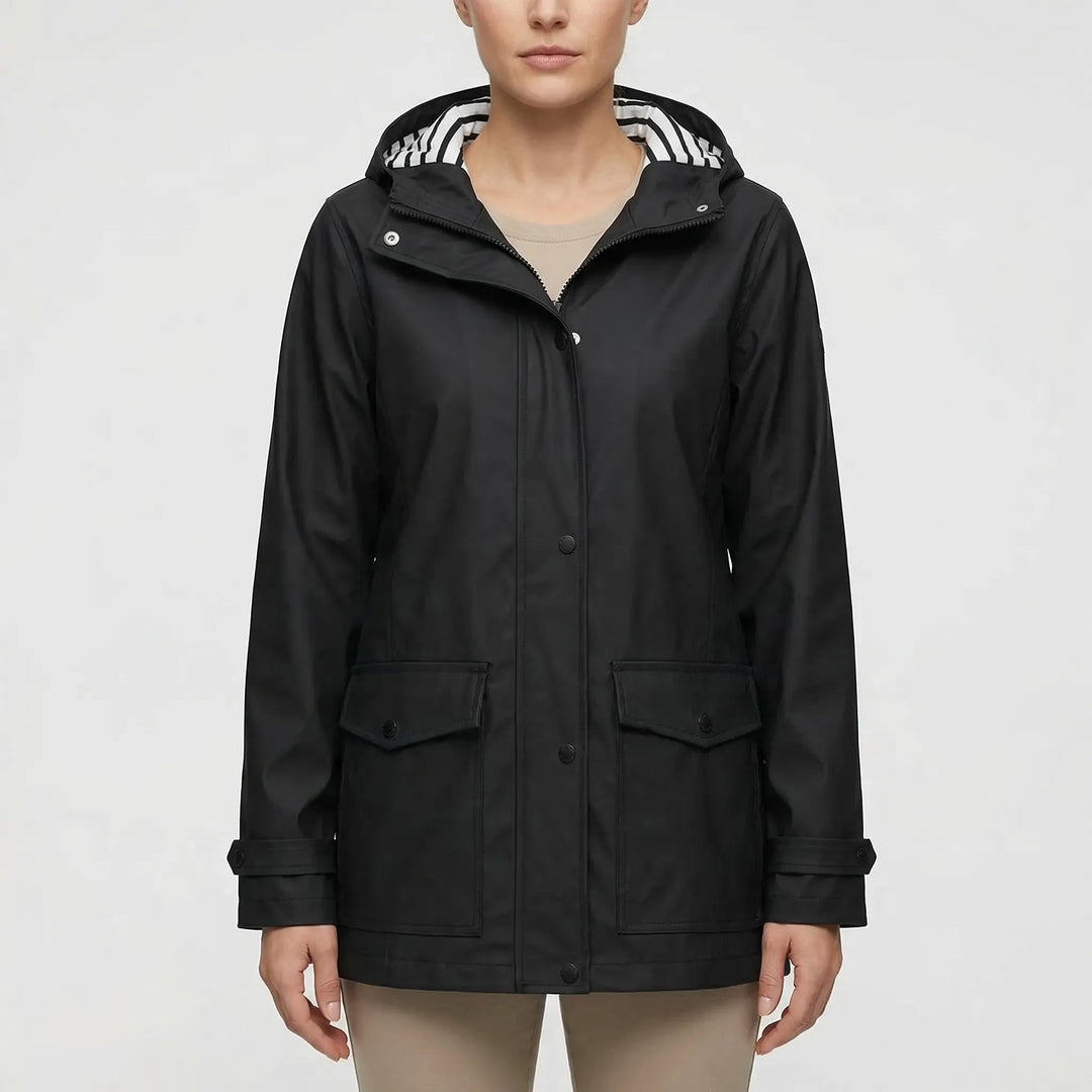 Stylish women's spring jacket with a practical hood & waterproof design, great for outdoor exploring.