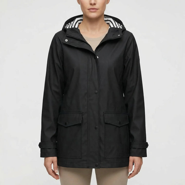 Stylish women's spring jacket with a practical hood & waterproof design, great for outdoor exploring.