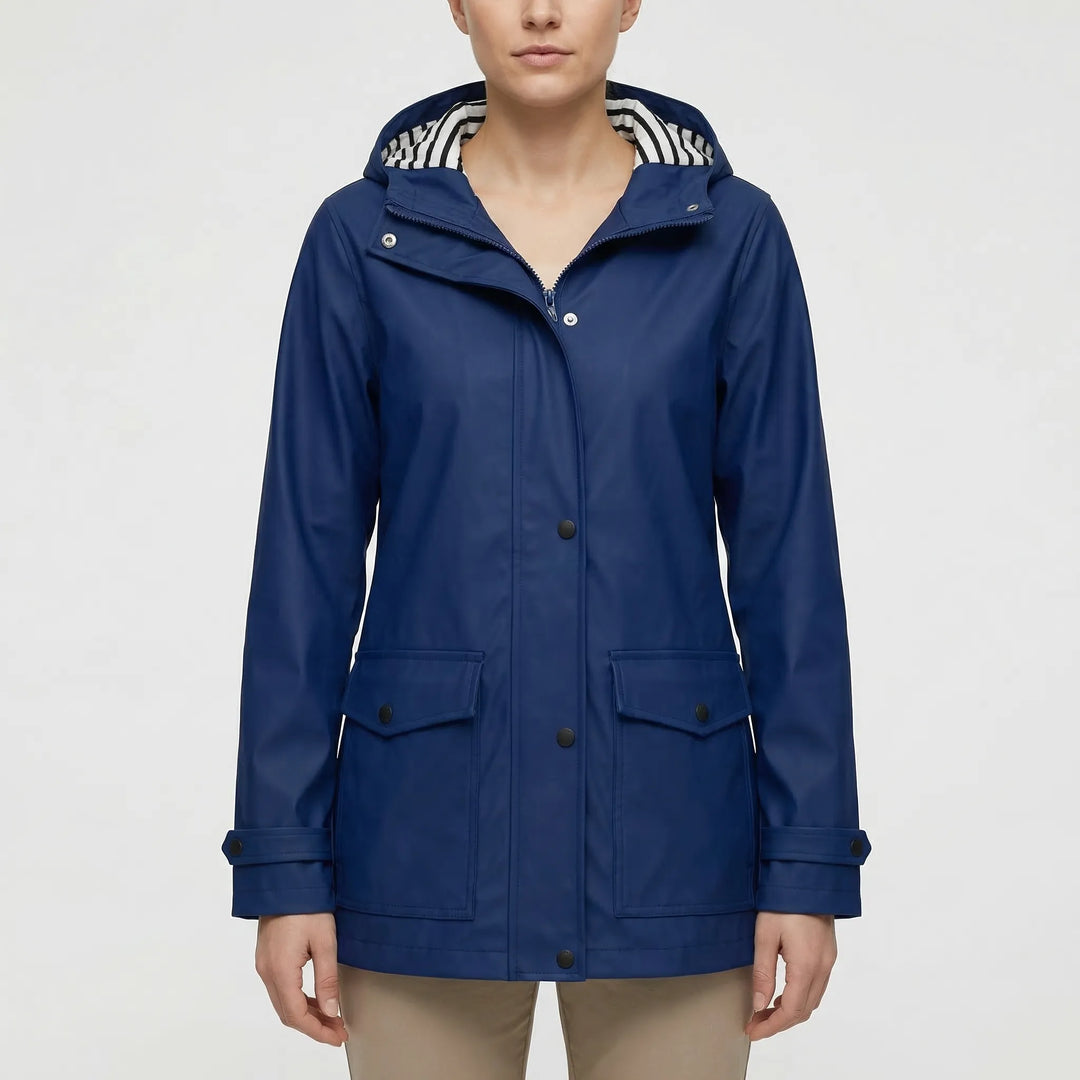 Versatile women's travel jacket: packable, waterproof, and hooded for all-weather protection on the go.