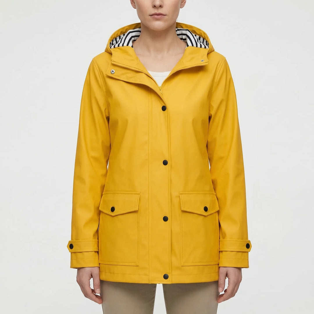 Women's all-weather rain jacket in a vibrant color, offering hooded waterproof protection for any adventure.