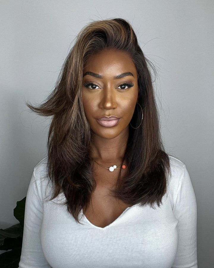 Realistic human hair lace front wig for women, natural blonde highlights, wavy style & secure fit.