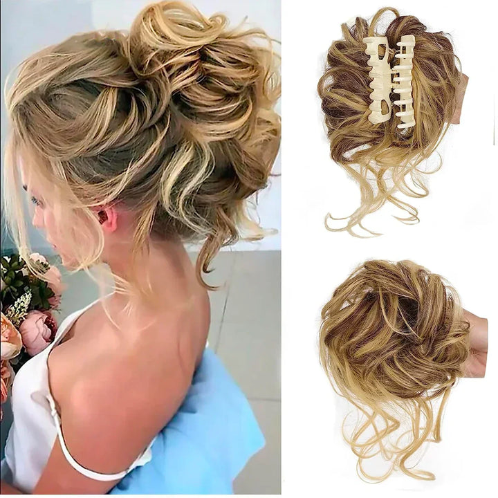Women's instant messy bun hair clip with natural-looking curls for an easy, voluminous updo.