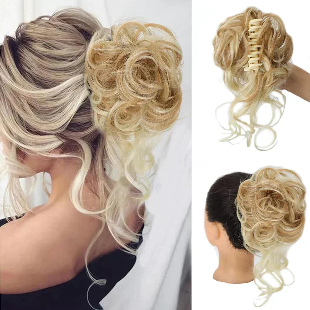 Women's curly messy bun hairpiece, perfect for a quick, elegant, and voluminous hairstyle.