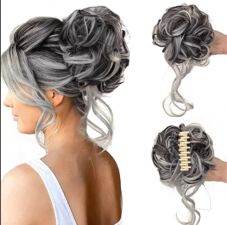 Voluminous messy bun hair clip for women, with natural-looking curls for an easy updo.