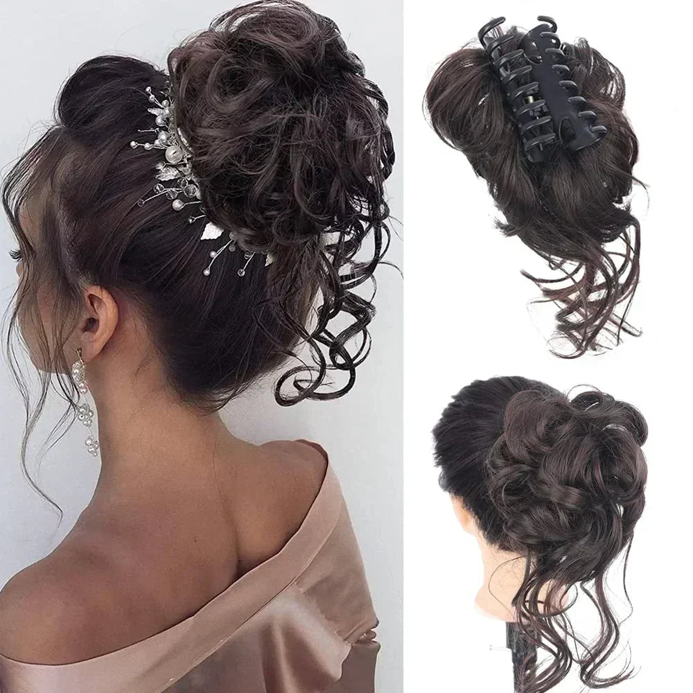 Women's instant messy bun with curls, an easy clip-in solution for a stylish updo.