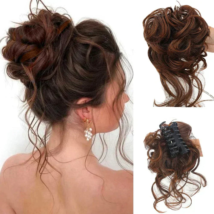 Curly messy bun hair clip for women, provides an instant, voluminous, and natural-looking updo.