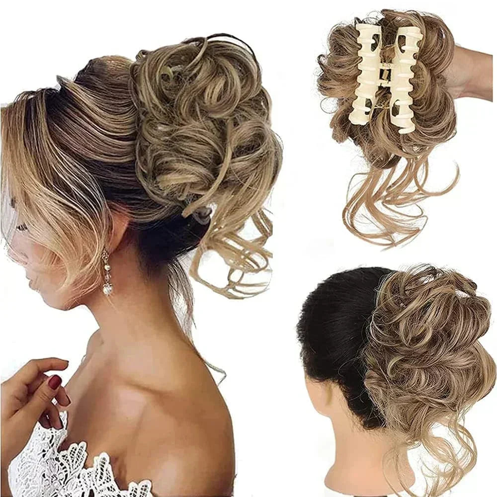 Effortless messy bun hair extension for women, features soft curls & easy clip-in design.