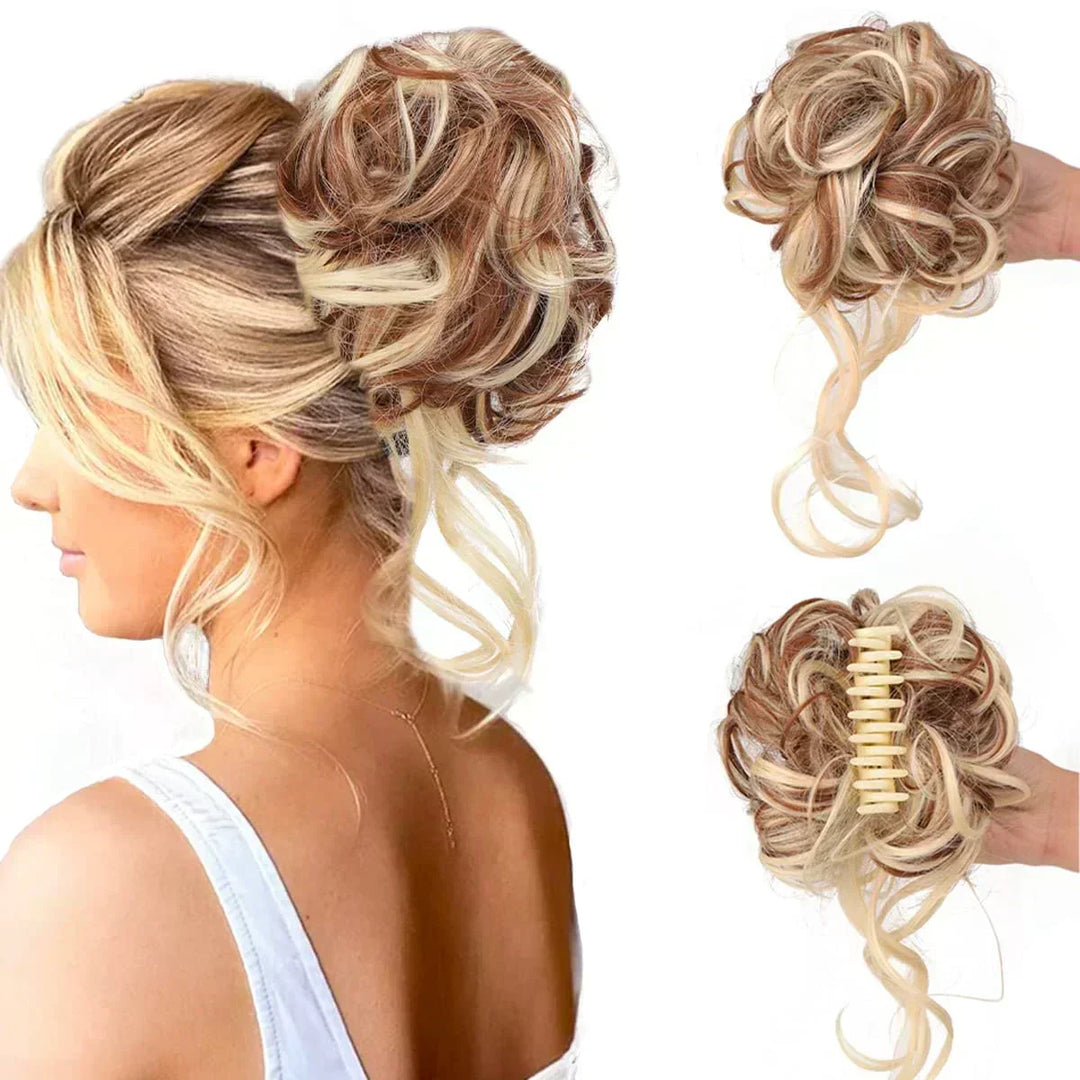 Clip-in curly messy bun for women, creates a quick & stylish updo, adds volume and texture.