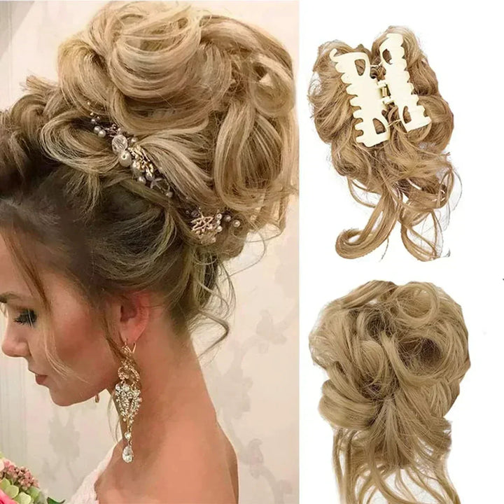 Easy-to-use messy bun hair extension with soft curls for a voluminous, natural updo.