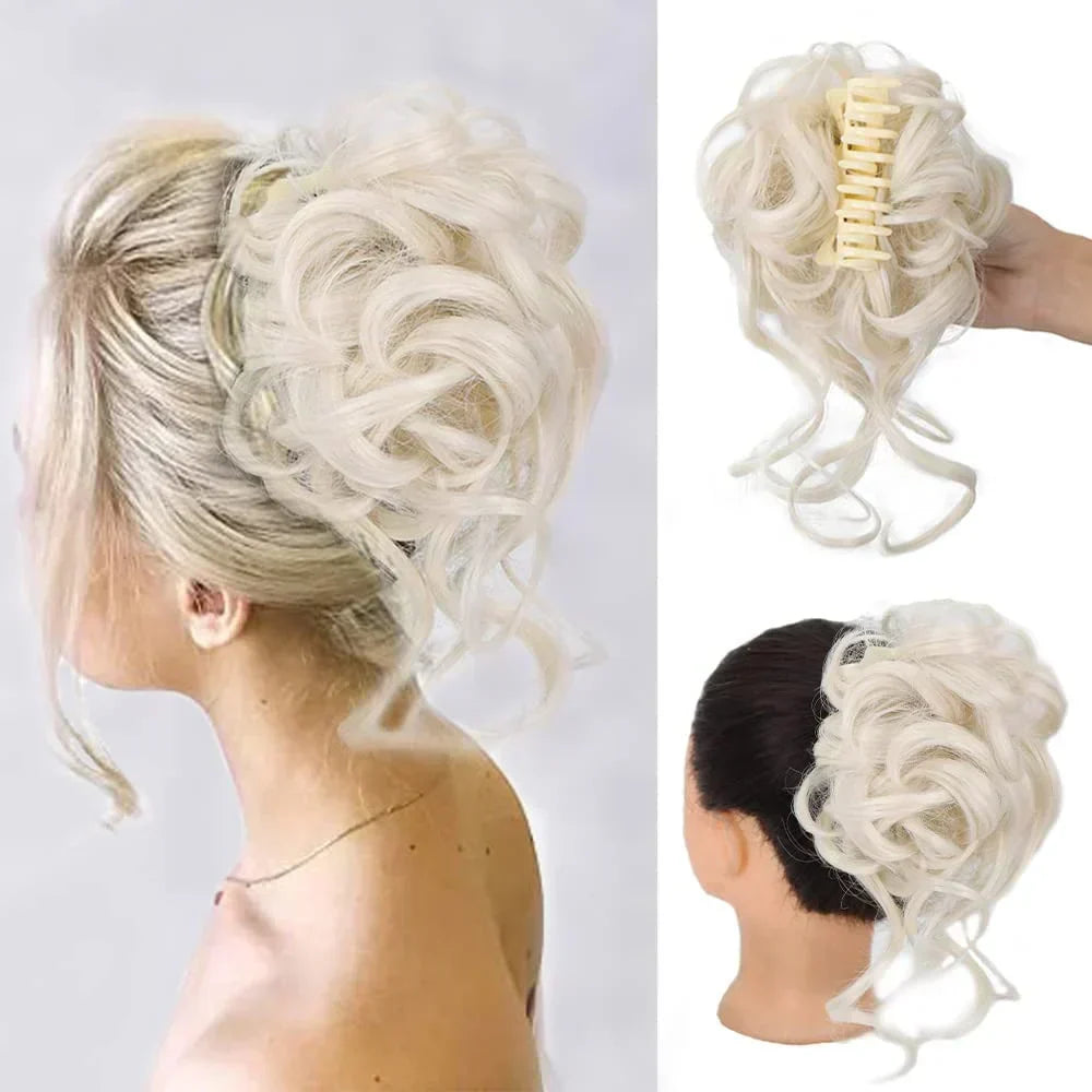 Synthetic messy bun hairpiece with curls for a quick, elegant, and voluminous updo.