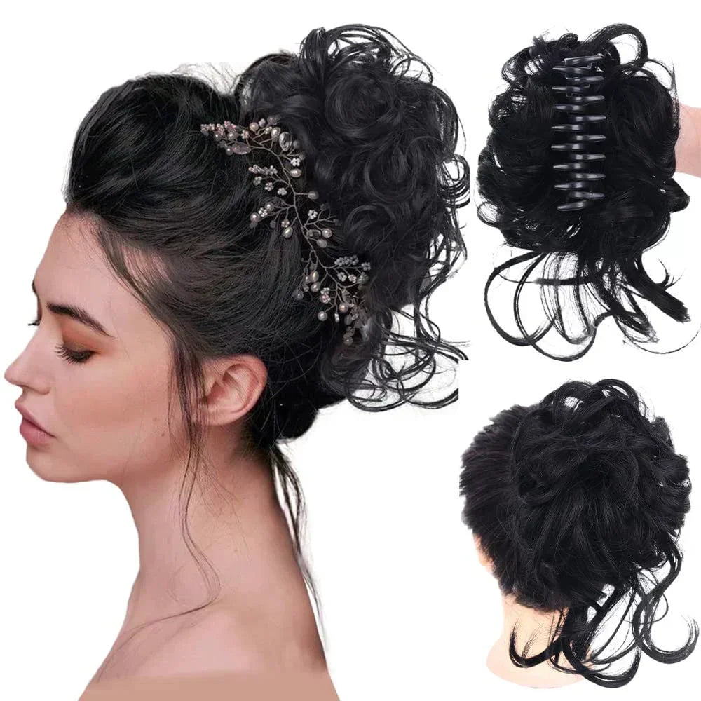 Instant messy bun hair clip with realistic curls, ideal for women's easy, stylish updos.