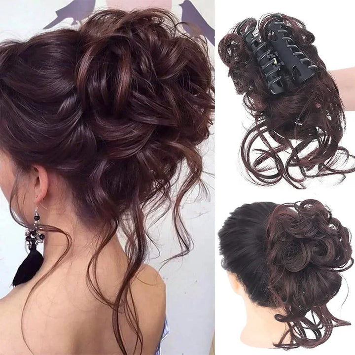 Voluminous curly bun hair extension for women, a simple clip for a chic, messy updo.