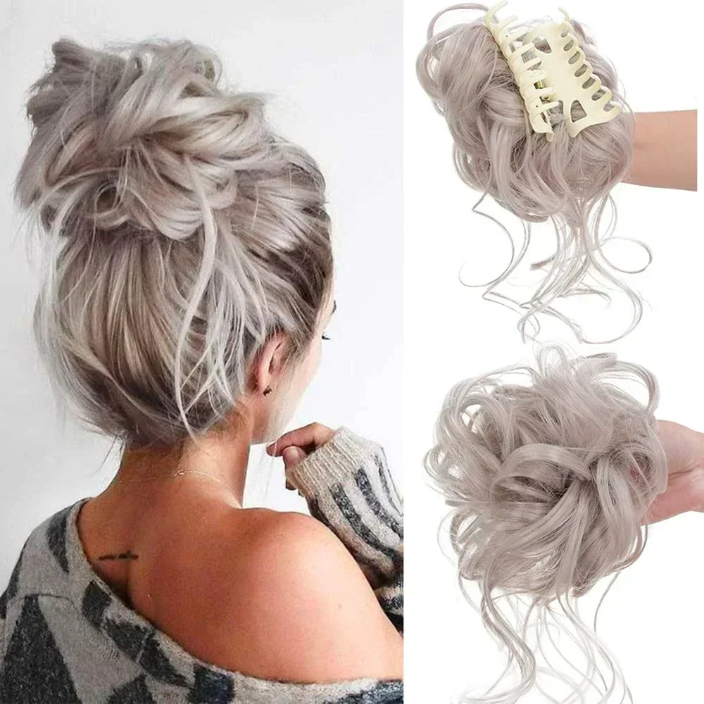 Women's instant messy bun hair accessory with bouncy curls for a quick, effortless updo.