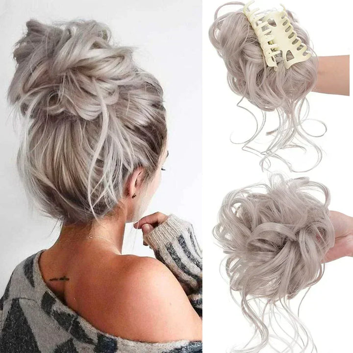 Women's instant messy bun hair accessory with bouncy curls for a quick, effortless updo.