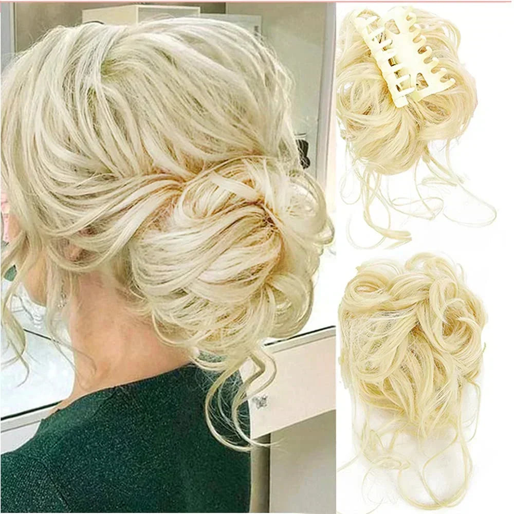 Clip-on curly messy bun for women, transforms hair into a full, stylish updo instantly.