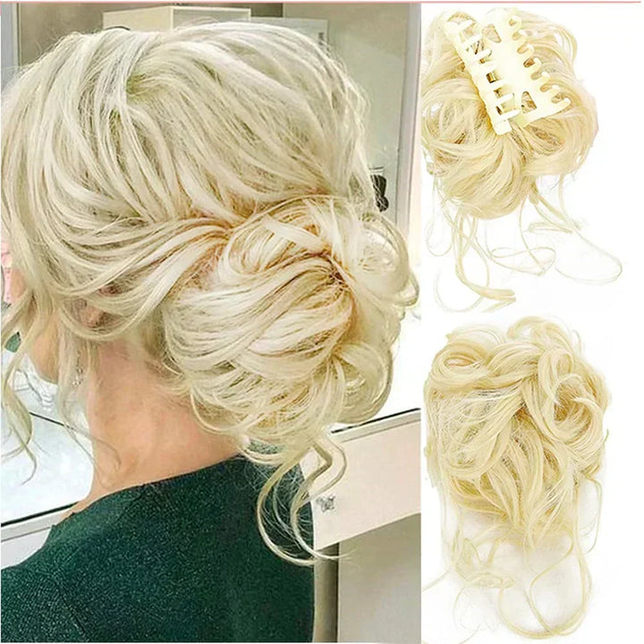 Clip-on curly messy bun for women, transforms hair into a full, stylish updo instantly.