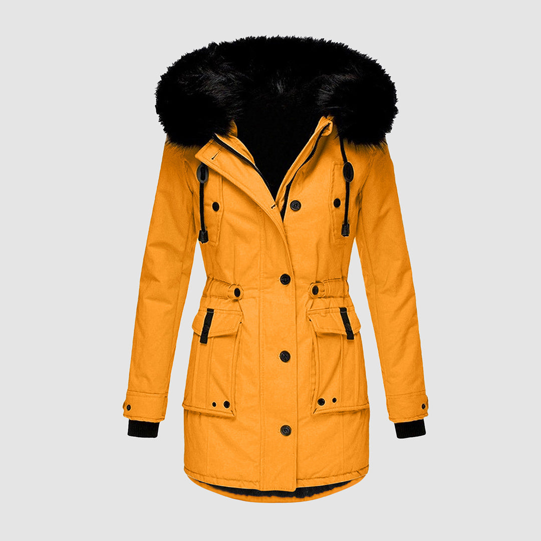 Women's insulated hooded winter parka, warm & weatherproof for cold weather protection.