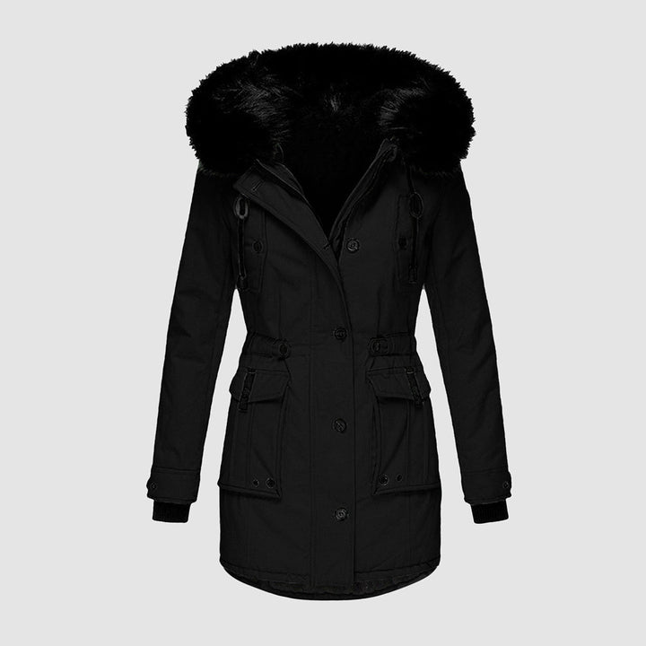 Comfortable women's insulated hooded parka, providing cozy warmth and weatherproof protection.