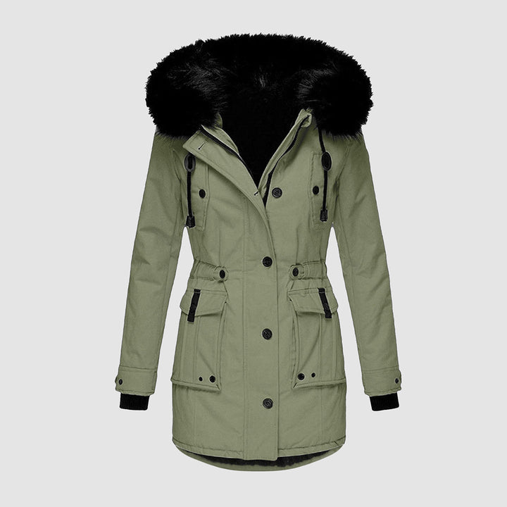 Front view of a women's insulated hooded winter parka, showing weatherproof design & warmth.
