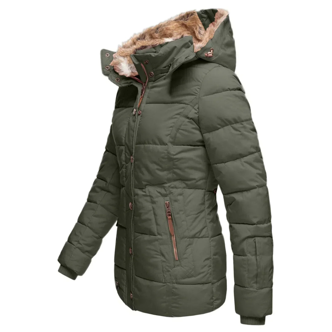 Women's insulated puffer winter jacket with detachable hood, perfect for cold weather comfort.