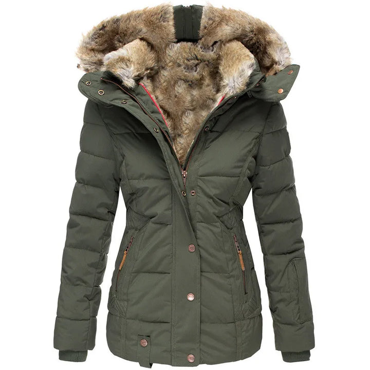 Durable women's insulated winter jacket, puffer style with a hood for warmth and protection.
