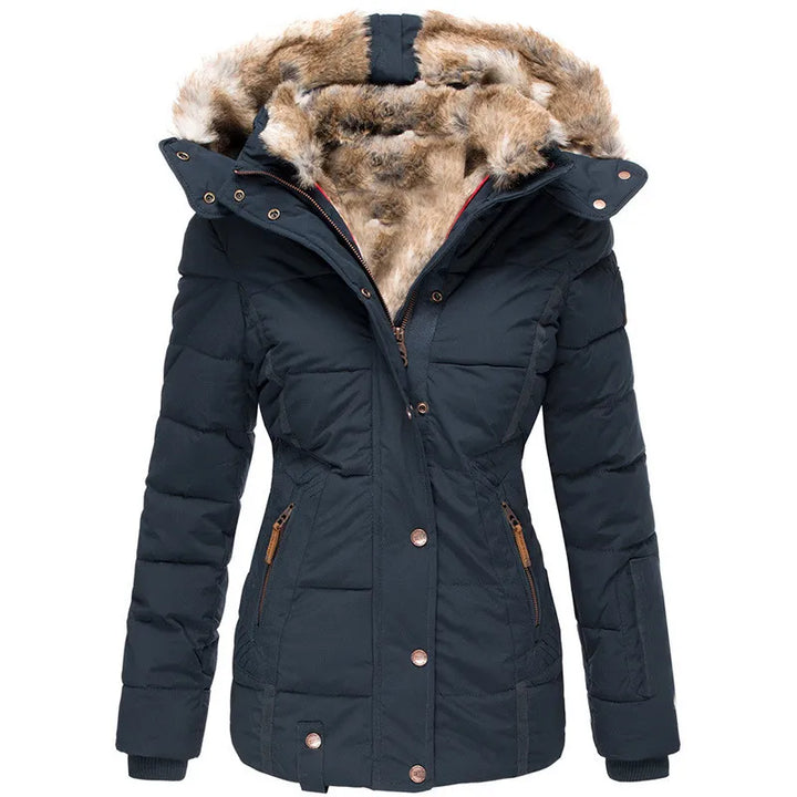 Women's warm hooded insulated coat, perfect for snowy days and cold winter climates.