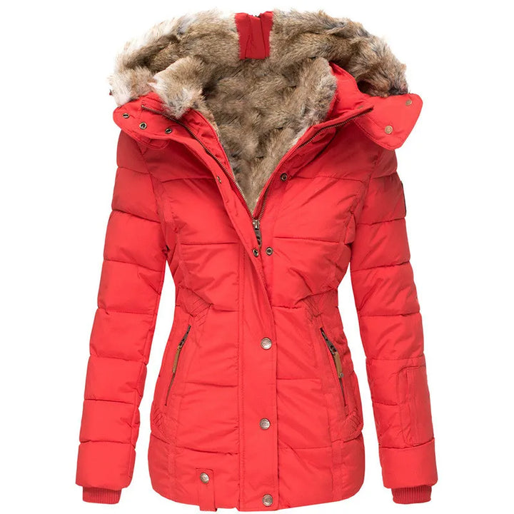 Women's cold weather fashion jacket, insulated puffer style with a practical detachable hood.