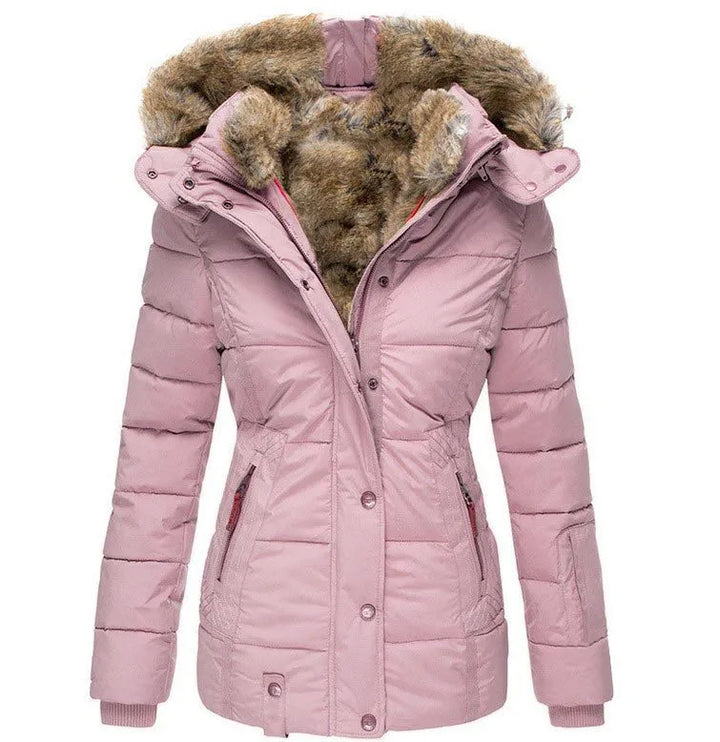 Women's fashion winter jacket, insulated puffer coat with a warm detachable hood.