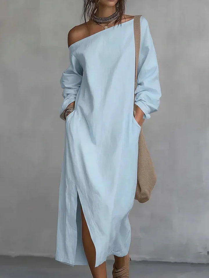 Elegant women's one-shoulder maxi dress, Kaylee. Flowy silhouette, great for vacation, beach, or casual summer wear.