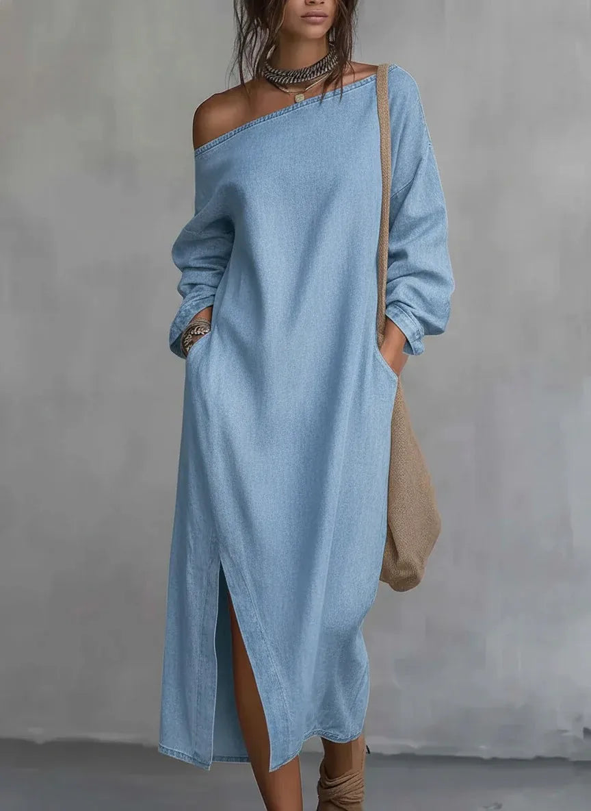 Full-length view of the Kaylee women's flowy one-shoulder maxi dress. Perfect for relaxed, stylish spring/summer outfits.